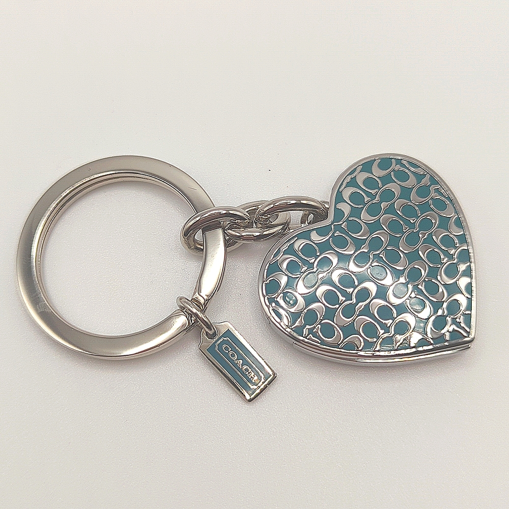 Coach Teal Enamel Heart Locket Keychain Kissing C's Authentic NWOT